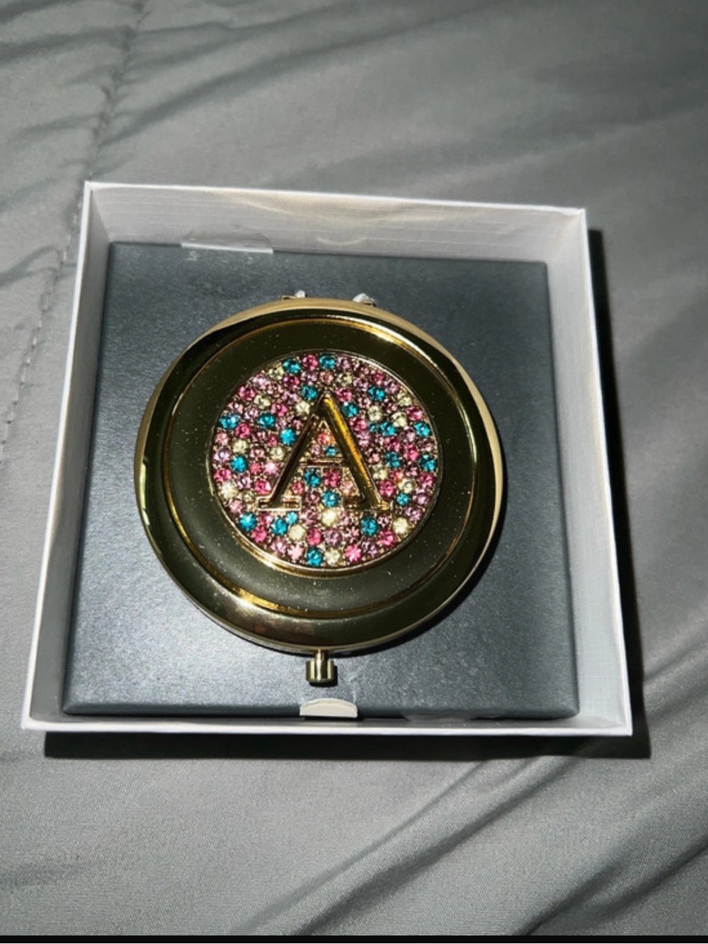 Gold Round Compact Mirror with Colorful Crystal 'A' Accent